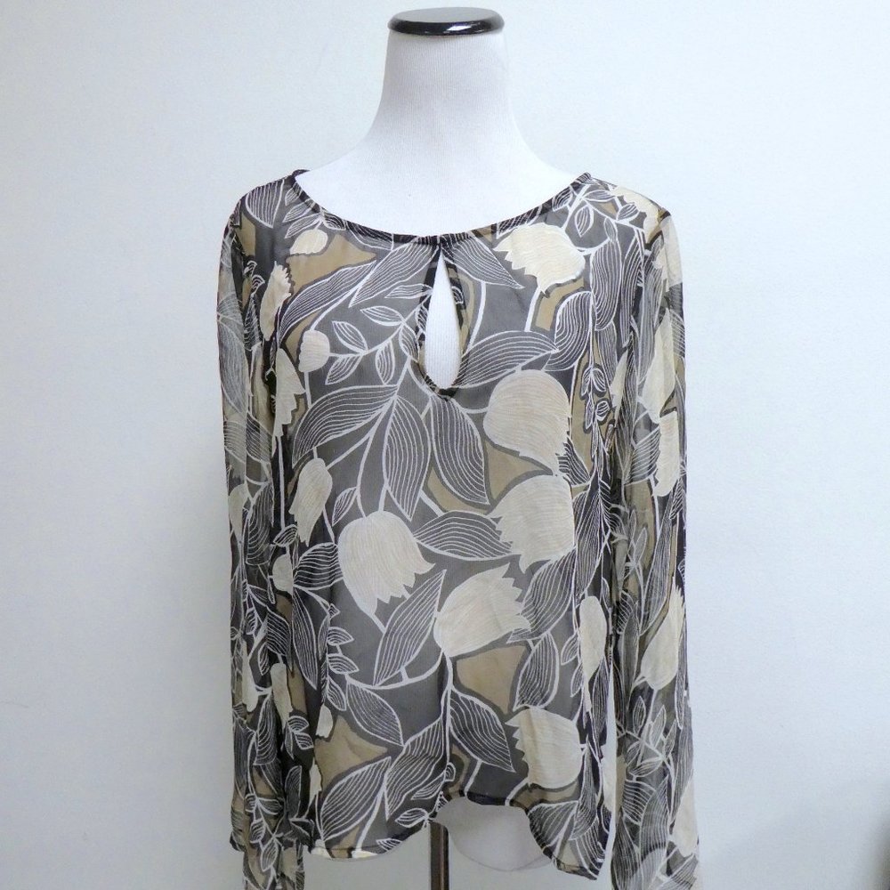 Ella Moss sheer black tan white silk scoop neck keyhole floral tunic top M